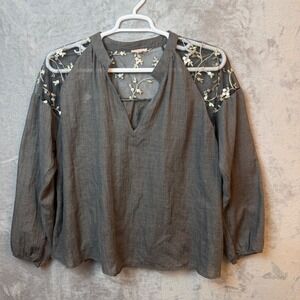 Ganji LA Blouse Womens Large Grey Floral Embroidered Mesh Yoke Boho Whimsigoth